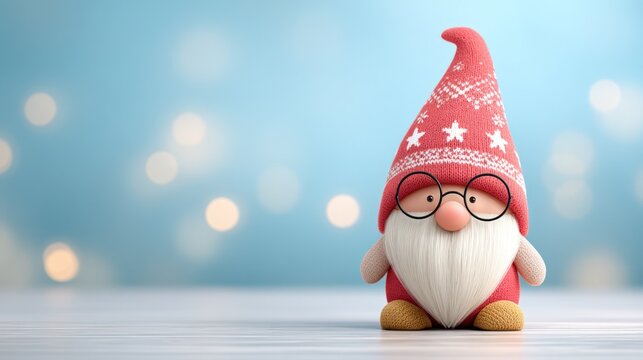 Christmas gnome wearing glasses against bokeh background, copy space