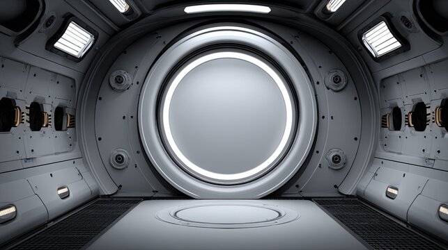 Interior view of a futuristic spacecraft corridor featuring a large, illuminated circular doorway