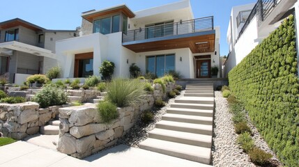 Fototapeta premium Modern hillside residence features stacked stone retaining walls and tiered landscaping leading to the entrance
