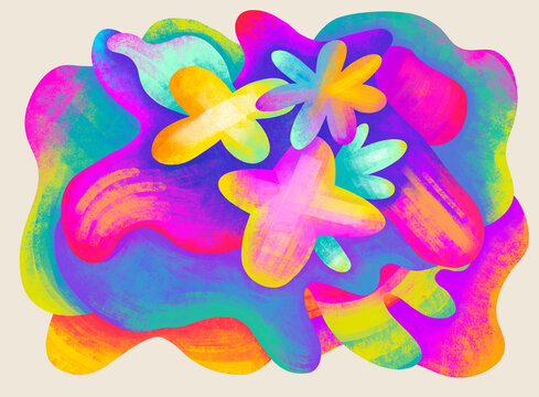 Colorful abstract shapes with flowers in bright hues