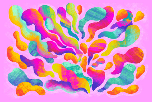 Colorful abstract art with bright shapes on pink background
