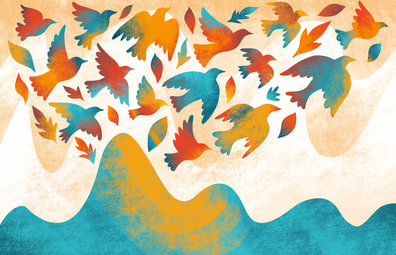 Colorful birds fly over waves