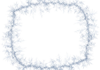 Obraz premium Intricate, symmetric frame constructed of microscopic hoarfrost and delicate ice crystals, extreme macro top view on a transparent background with central copy space. Concept for luxury winter