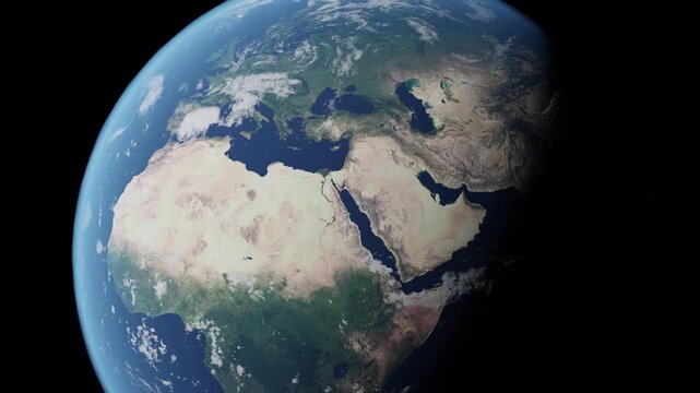 Iran, Saudi Arabia and the strait of Hormuz from space slow zoom into orbiting earth