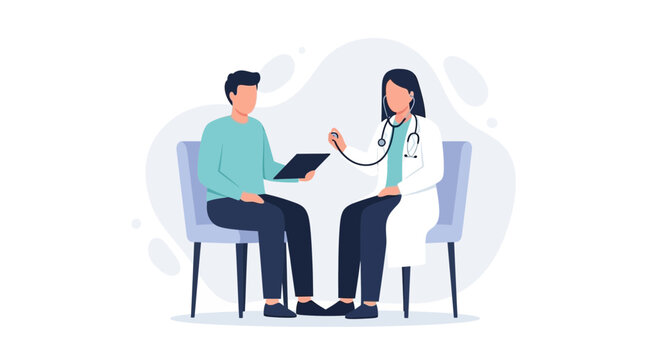 Doctor with stethoscope examining patient sitting on chairs, medical consultation illustration