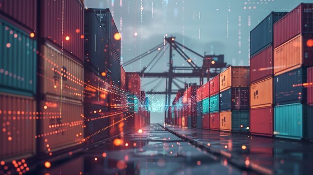 Cargo containers with AI interface hovering above, modern logistics.