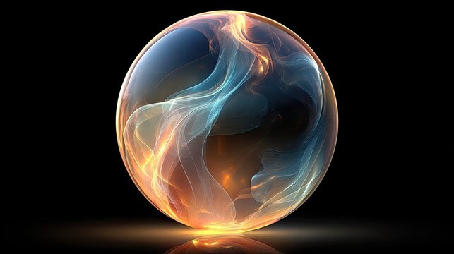 Glowing orb containing swirling luminous energy forms rests upon a reflective dark surface