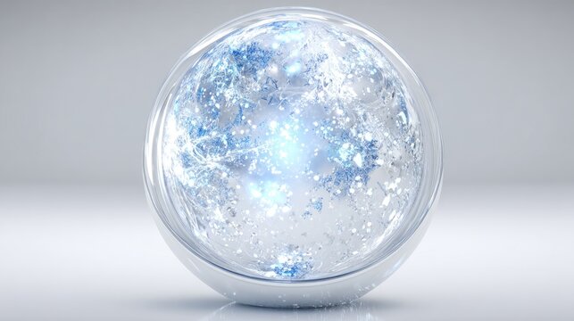 Glowing, dynamic crystalline structure encapsulated within a clear liquid sphere resting on a bright surface.