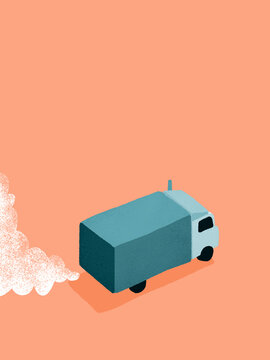 Delivery truck emitting exhaust fumes causing pollution