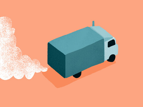 Delivery truck emitting exhaust, representing pollution