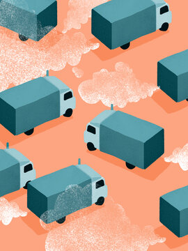 Trucks driving and polluting environment with exhaust smoke