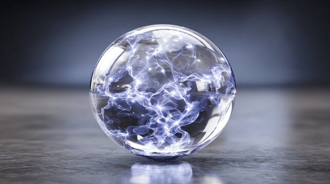 Glowing electrical energy swirls within a transparent crystalline sphere resting on a reflective surface.