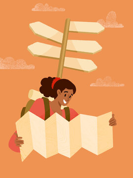 Woman backpacker exploring map at crossroads decision point