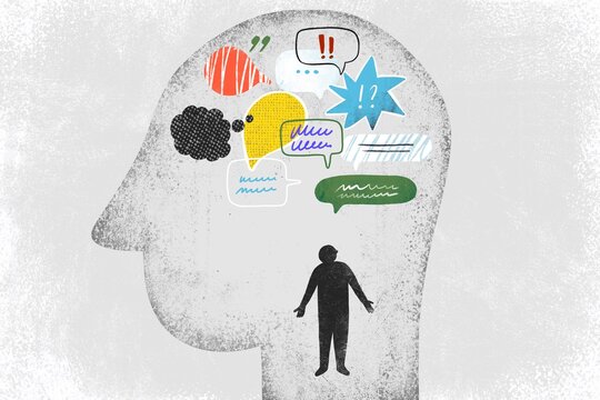 Human heads and thought and speech bubbles and human silhouette inside