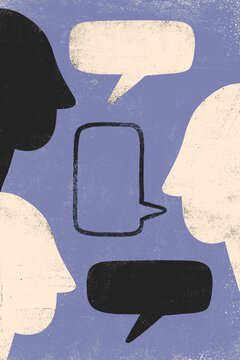 Human heads with thought and speech bubbles
