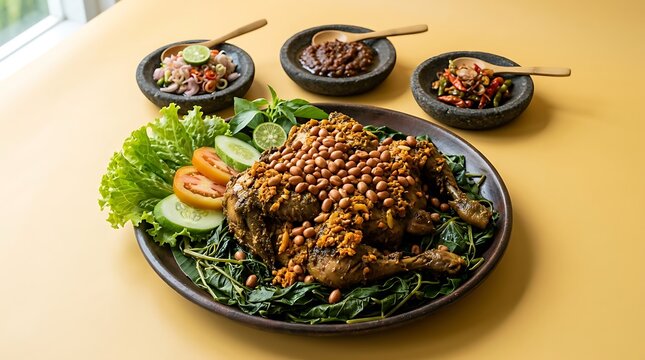 Bebek goreng rempah khas Indonesia dengan sambal dan lalapan segar