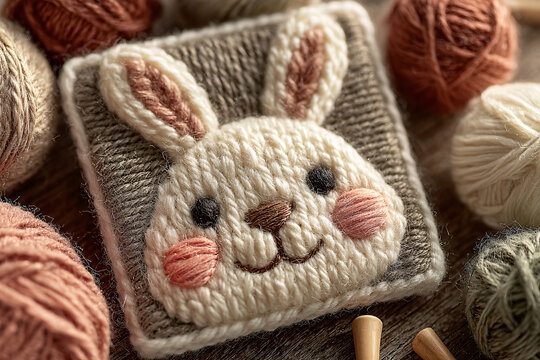 knitting yarn and knitting needles. bunny in punch needle technics