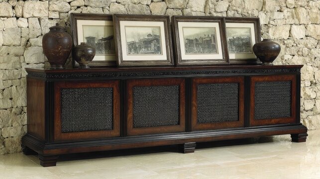 Richly detailed wooden credenza displays decorative objects against a textured stone wall backdrop