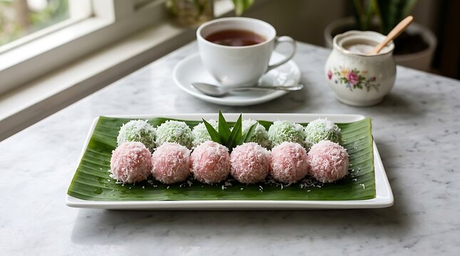 Camilan kue klepon berwarna pink dan hijau disajikan dengan teh dan gula merah di atas meja marmer