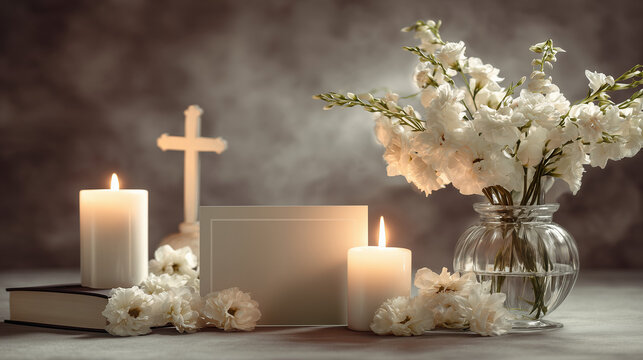 Peaceful Christian memorial arrangement with white flowers, candles, cross and blank remembrance card in soft warm light, elegant faith inspired sympathy scene for mourning, tribute and funeral design