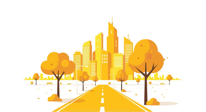 Urban landscape with modern skyscrapers and autumn trees on a road leading to city