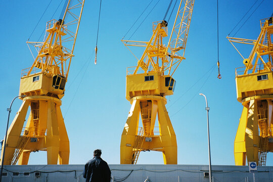 Harbor cranes with man below