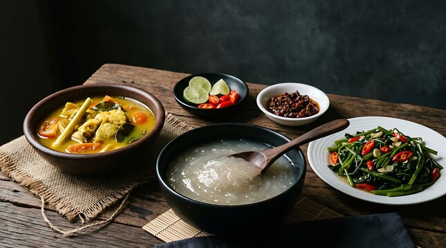 Papeda sagu khas Ambon disajikan dengan ikan kuah kuning, sayur tumis, sambal dan pelengkap tradisional di meja kayu, kuliner autentik Indonesia Timur