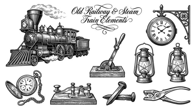 Vintage Railway and Steam Train Elements Set with Locomotive, Station Clock, Lanterns, and Telegraph Key in Engraving Style