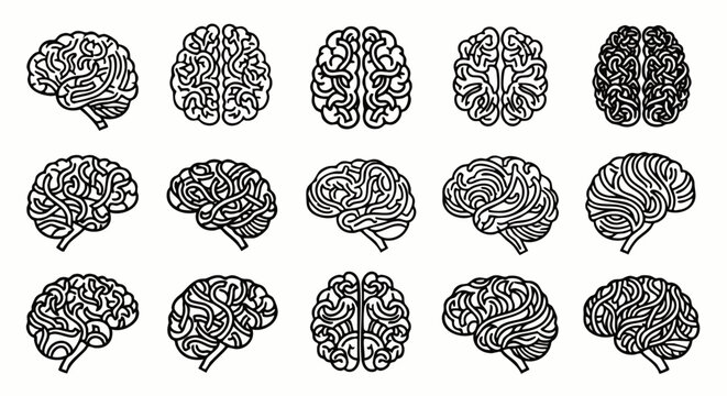 Collection of stylized brain illustrations in black and white, showing different angles and perspectives for medical or scientific concepts.