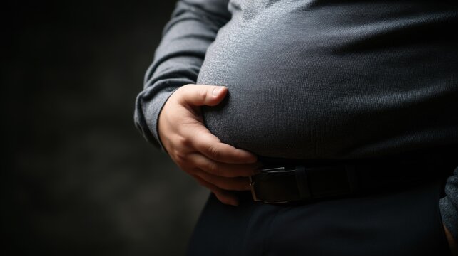 お腹を押さえる男性の姿。肥満や健康管理のイメージ素材