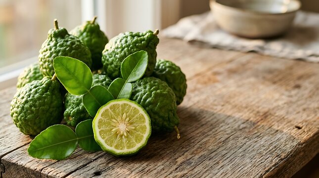 Jeruk purut segar di atas meja kayu, cocok untuk bahan minuman tradisional Indonesia