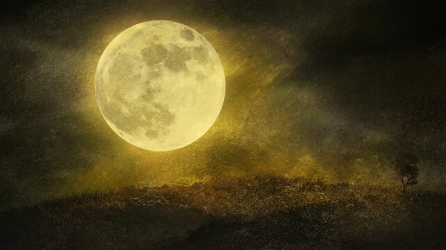 full moon in the sky on textured paper effect motion background