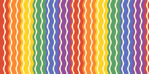 Obraz premium Colorful wavy vertical rainbow stripes in pride flag colors vector seamless pattern, cute abstract striped background