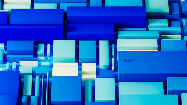 Silhouette of a man in a geometric space with blue shapes