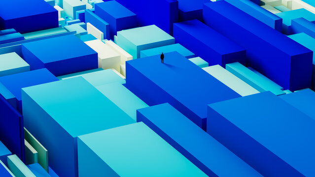 Silhouette of a man in a geometric space with blue shapes