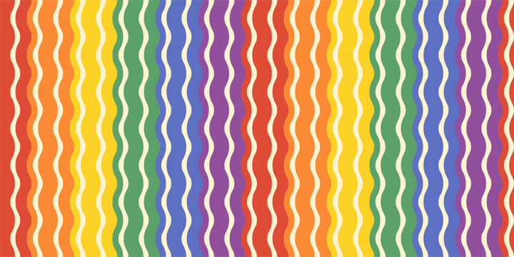Colorful wavy vertical rainbow stripes in pride flag colors vector seamless pattern, cute abstract striped background