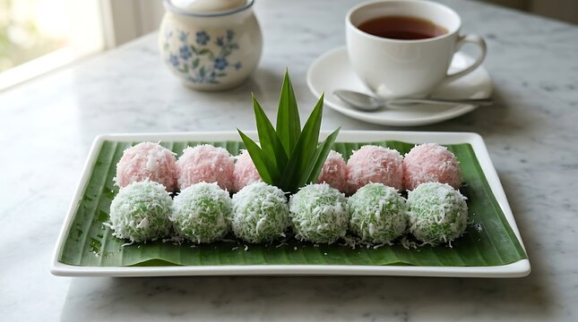 Kumpulan klepon berwarna pink dan hijau di atas piring daun