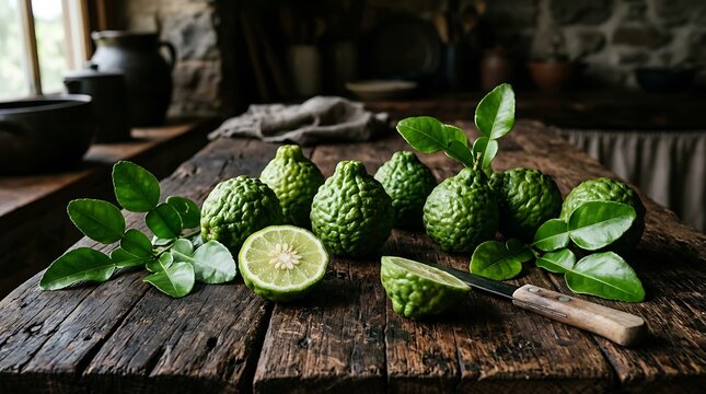 Limbah Jeruk Bali dan daun salam segar di atas papan kayu dengan suasana alami
