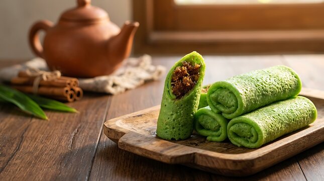 Dadar gulung pandan isi kelapa gula merah tersaji di piring dengan suasana dapur tradisional