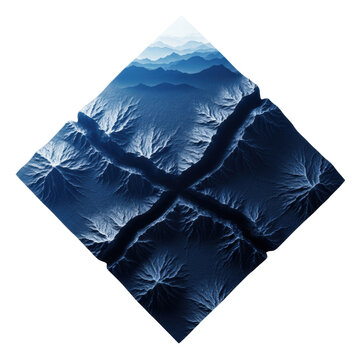 miniaturized rugged alien landscape model of jagged basaltic rock under dramatic sapphire blue volumetric light, isolated on transparent background with copy space, concept for sci-fi asset design