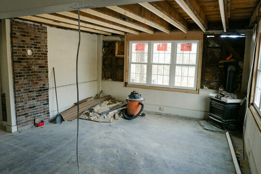 Inside of old home being renovated, ceiling is consolidated