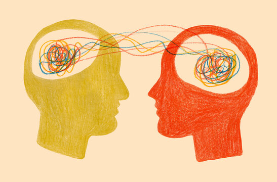 Two Minds Connect With Colorful Lines Drawn on a Plain Background