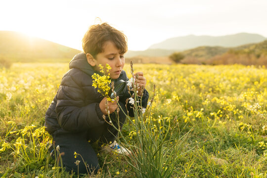 Boy exploring field with magnifying glass observing flowers