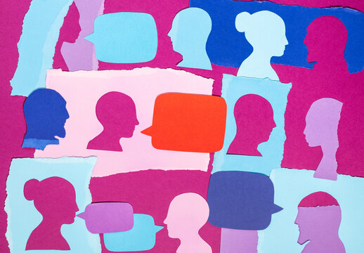 People Talking in a Colorful Collage of Paper Cutouts