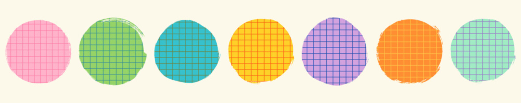 Round colorful vector shapes in bright colors with grid pattern, text box circles graphic design elements for scrapbook and package design
