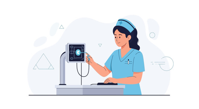 Nurse Operating Medical Equipment with Digital Display and Keyboard