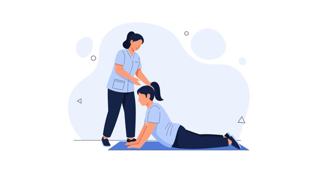 Physical therapist assisting patient with back extension exercise on yoga mat