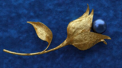 Fototapeta premium An elegant, minimalist composition of a single golden stem with one giant pearl acting as the flower bud. Deep royal blue velvet background. Luxurious 3D sculptural relief
