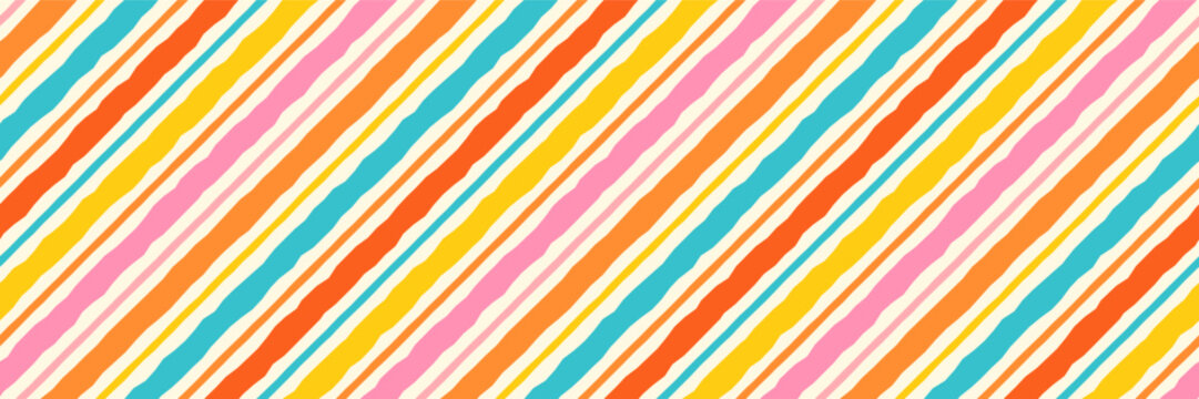 Pink, yellow, orange and blue diagonal irregular stripes seamless vector pattern, Colorful summer striped background for banner and textile design