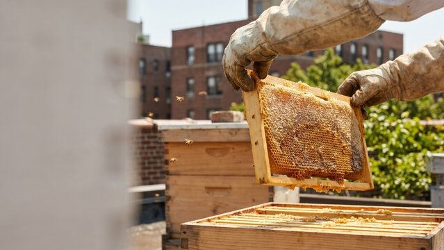 Beekeeper Harvesting Honey from Hive Frames on Sustainable Urban Rooftop Beekeeping Setup